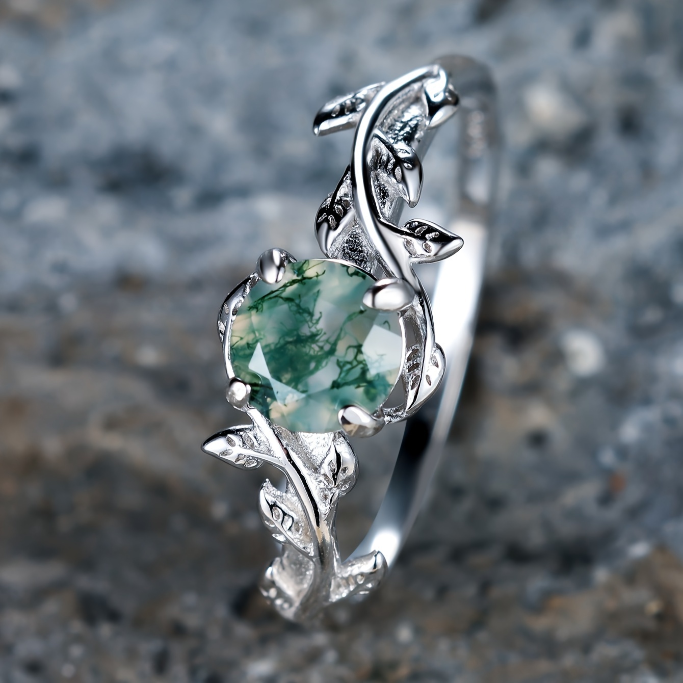 925 Silver Green Agate Leaf Ring Wedding Gift